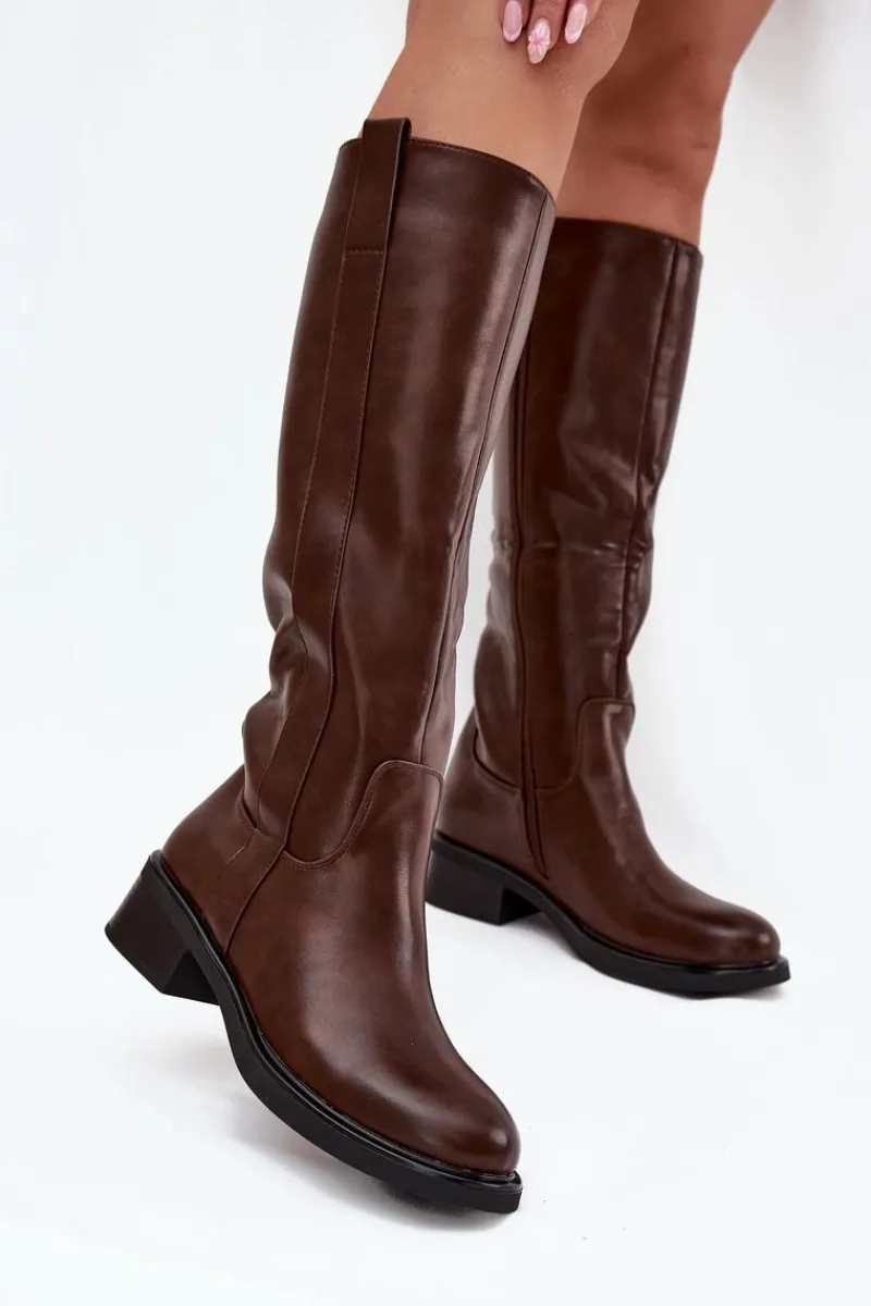 New Kozaki Oficerki Damskie Na Niskim Obcasie Ocieplane Brązowe Averna Damskie Kozaki Przed Kolano|Kozaki Na Obcasie