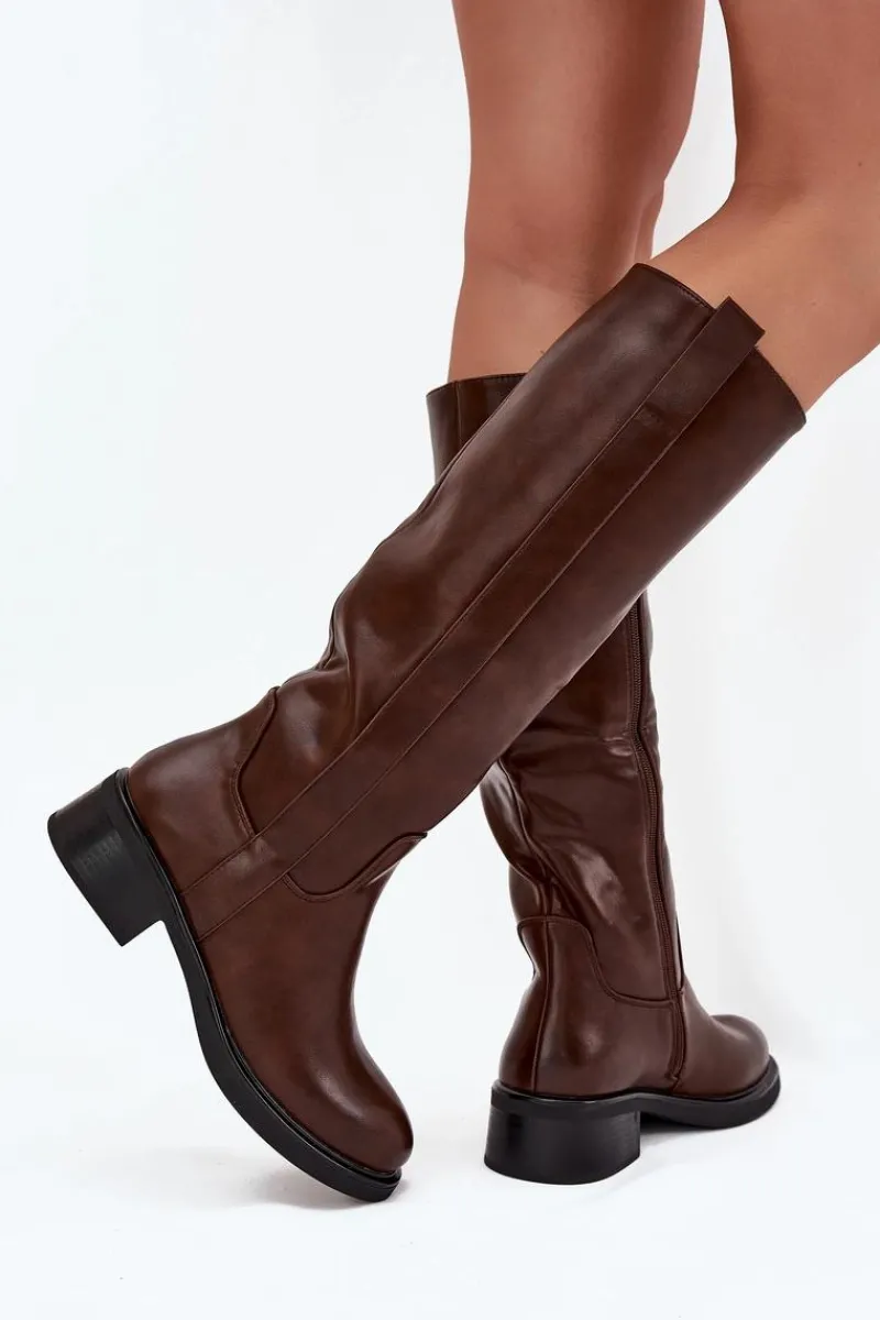 New Kozaki Oficerki Damskie Na Niskim Obcasie Ocieplane Brązowe Averna Damskie Kozaki Przed Kolano|Kozaki Na Obcasie
