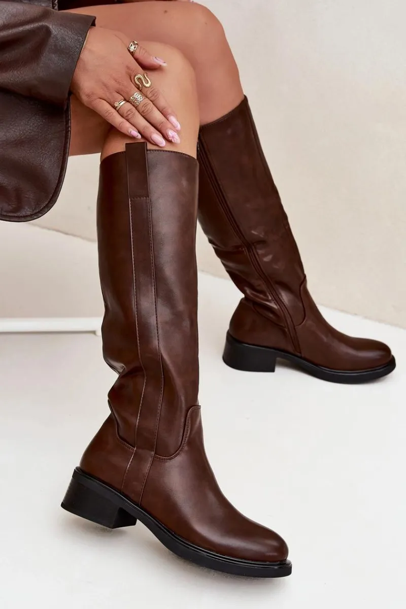 New Kozaki Oficerki Damskie Na Niskim Obcasie Ocieplane Brązowe Averna Damskie Kozaki Przed Kolano|Kozaki Na Obcasie