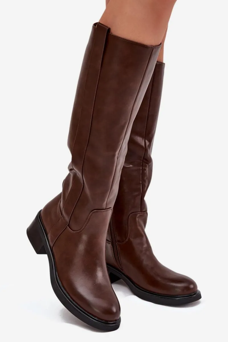 New Kozaki Oficerki Damskie Na Niskim Obcasie Ocieplane Brązowe Averna Damskie Kozaki Przed Kolano|Kozaki Na Obcasie