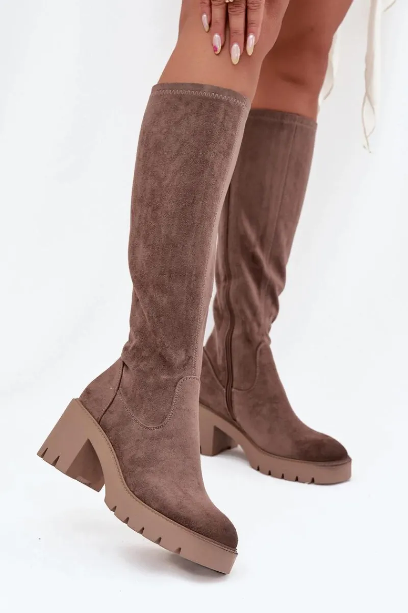 Sale Buty damskie Vinceza Kozaki Przed Kolano Eko Zamszowe Na Słupku Vinceza 58332 Ciemnobeżowe Beżowy