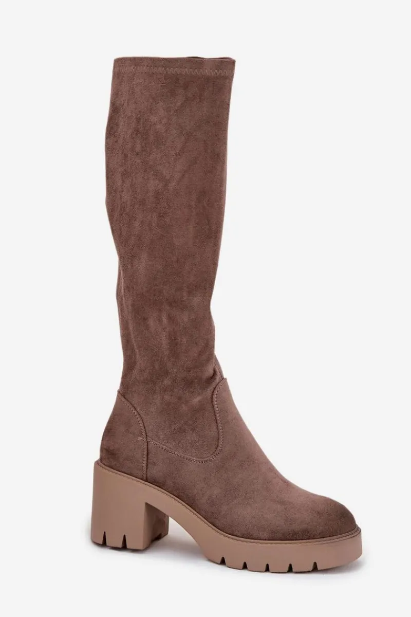 Sale Buty damskie Vinceza Kozaki Przed Kolano Eko Zamszowe Na Słupku Vinceza 58332 Ciemnobeżowe Beżowy