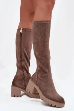 Sale Buty damskie Vinceza Kozaki Przed Kolano Eko Zamszowe Na Słupku Vinceza 58332 Ciemnobeżowe Beżowy