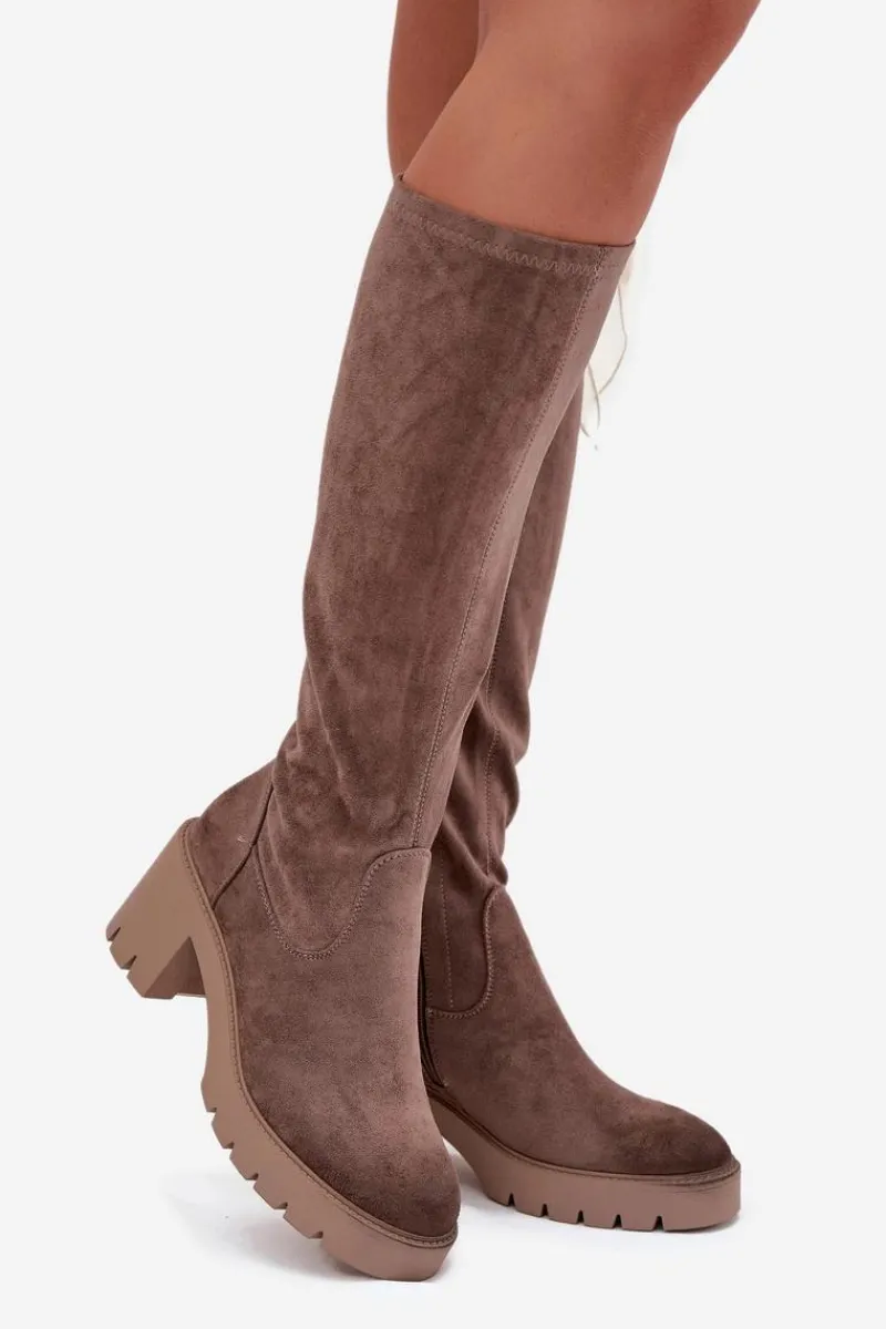 Sale Buty damskie Vinceza Kozaki Przed Kolano Eko Zamszowe Na Słupku Vinceza 58332 Ciemnobeżowe Beżowy