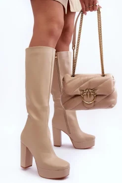 Clearance Boto Kozaki Przed Kolano Na Obcasie I Platformie Beżowe Baldrema Beżowy