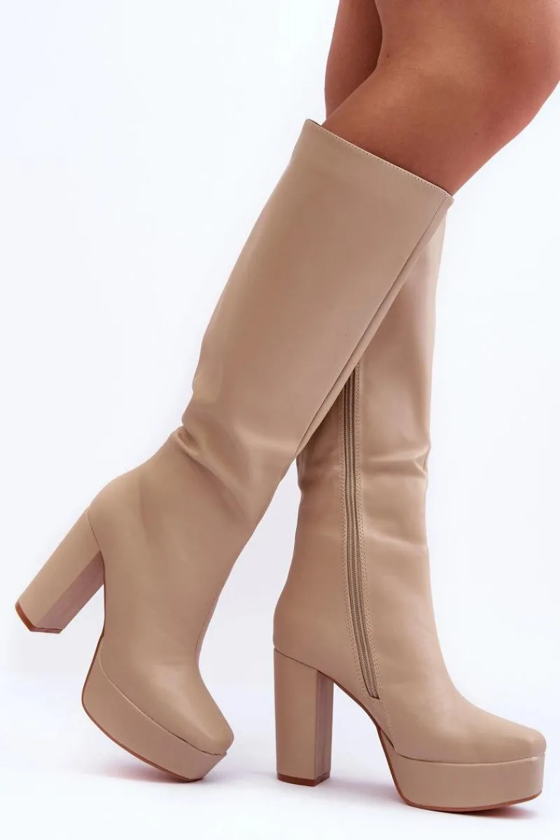Clearance Boto Kozaki Przed Kolano Na Obcasie I Platformie Beżowe Baldrema Beżowy