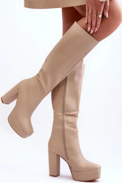 Clearance Boto Kozaki Przed Kolano Na Obcasie I Platformie Beżowe Baldrema Beżowy