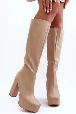 Clearance Boto Kozaki Przed Kolano Na Obcasie I Platformie Beżowe Baldrema Beżowy