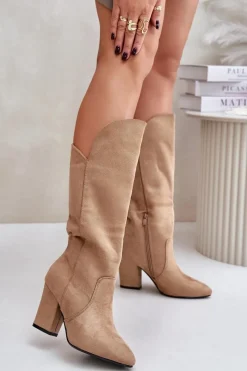 Kozaki Na Słupku|Kozaki Przed Kolano>Boto Kozaki Przed Kolano Na Słupku Z Eko Zamszu Beżowe Clorira