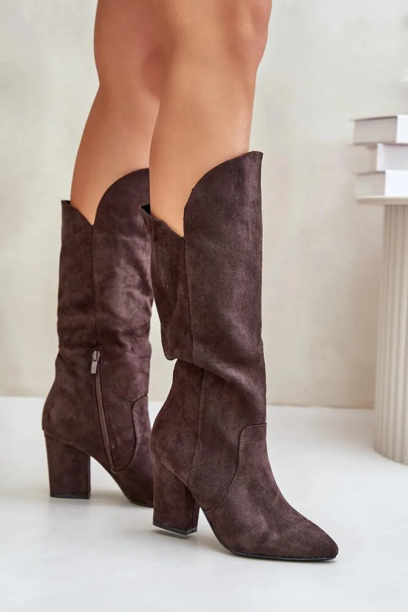 Outlet Kozaki Przed Kolano Na Słupku Z Eko Zamszu Brązowe Clorira Damskie Kozaki Na Słupku|Kozaki Przed Kolano