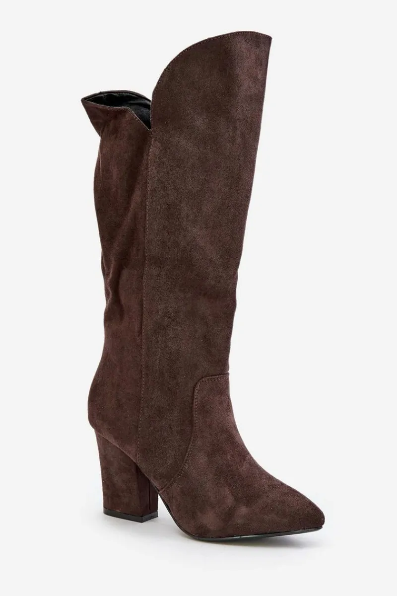 Outlet Kozaki Przed Kolano Na Słupku Z Eko Zamszu Brązowe Clorira Damskie Kozaki Na Słupku|Kozaki Przed Kolano