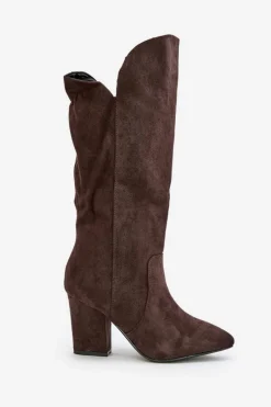 Outlet Kozaki Przed Kolano Na Słupku Z Eko Zamszu Brązowe Clorira Damskie Kozaki Na Słupku|Kozaki Przed Kolano