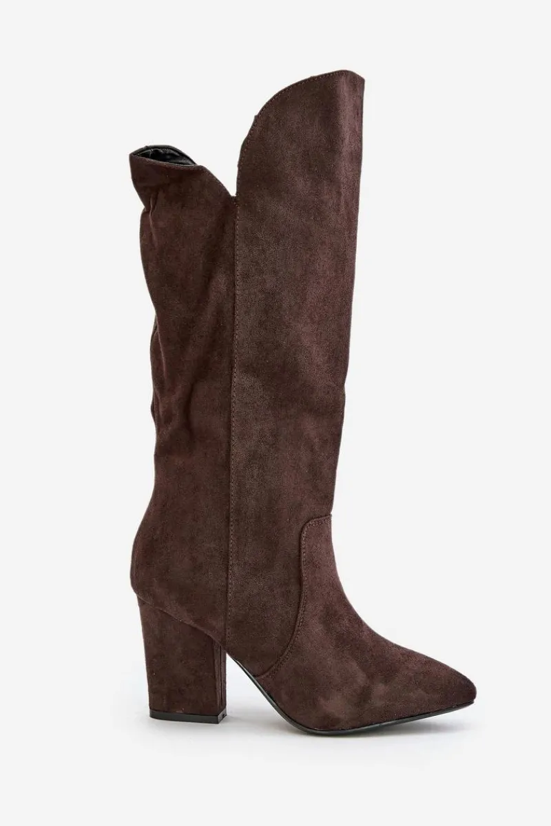 Outlet Kozaki Przed Kolano Na Słupku Z Eko Zamszu Brązowe Clorira Damskie Kozaki Na Słupku|Kozaki Przed Kolano