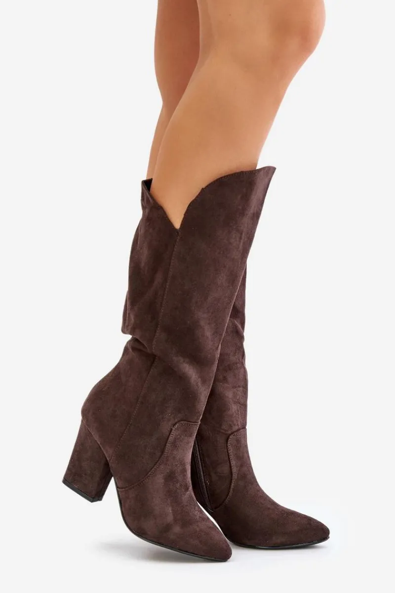 Outlet Kozaki Przed Kolano Na Słupku Z Eko Zamszu Brązowe Clorira Damskie Kozaki Na Słupku|Kozaki Przed Kolano