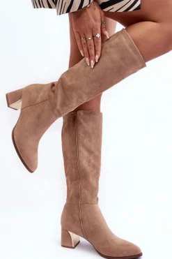 Clearance Boto Kozaki Przed Kolano Zamszowe Na Obcasie Beżowe Inatris