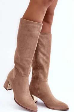 Clearance Boto Kozaki Przed Kolano Zamszowe Na Obcasie Beżowe Inatris