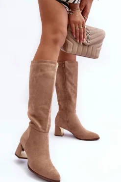Clearance Boto Kozaki Przed Kolano Zamszowe Na Obcasie Beżowe Inatris