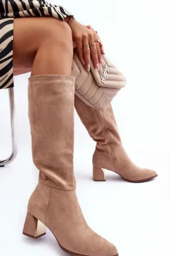 Clearance Boto Kozaki Przed Kolano Zamszowe Na Obcasie Beżowe Inatris
