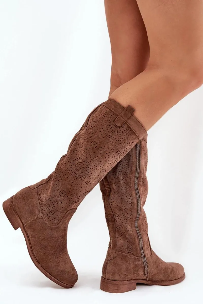Clearance Kozaki Z Ażurową Cholewką Na Płaskim Obcasie S.Barski HY51-860 Brązowe Damskie Kozaki Wiosenne|Kozaki Ażurowe