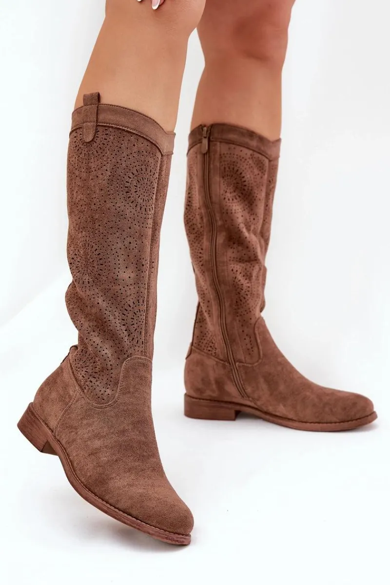 Clearance Kozaki Z Ażurową Cholewką Na Płaskim Obcasie S.Barski HY51-860 Brązowe Damskie Kozaki Wiosenne|Kozaki Ażurowe