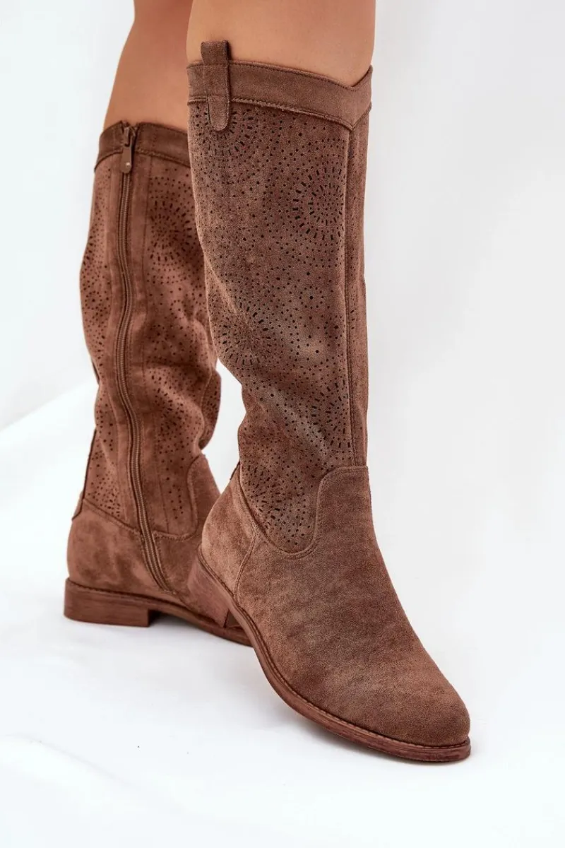 Clearance Kozaki Z Ażurową Cholewką Na Płaskim Obcasie S.Barski HY51-860 Brązowe Damskie Kozaki Wiosenne|Kozaki Ażurowe
