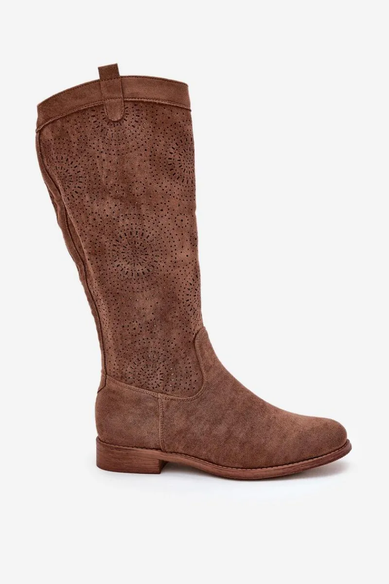 Clearance Kozaki Z Ażurową Cholewką Na Płaskim Obcasie S.Barski HY51-860 Brązowe Damskie Kozaki Wiosenne|Kozaki Ażurowe