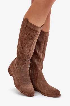 Clearance Kozaki Z Ażurową Cholewką Na Płaskim Obcasie S.Barski HY51-860 Brązowe Damskie Kozaki Wiosenne|Kozaki Ażurowe