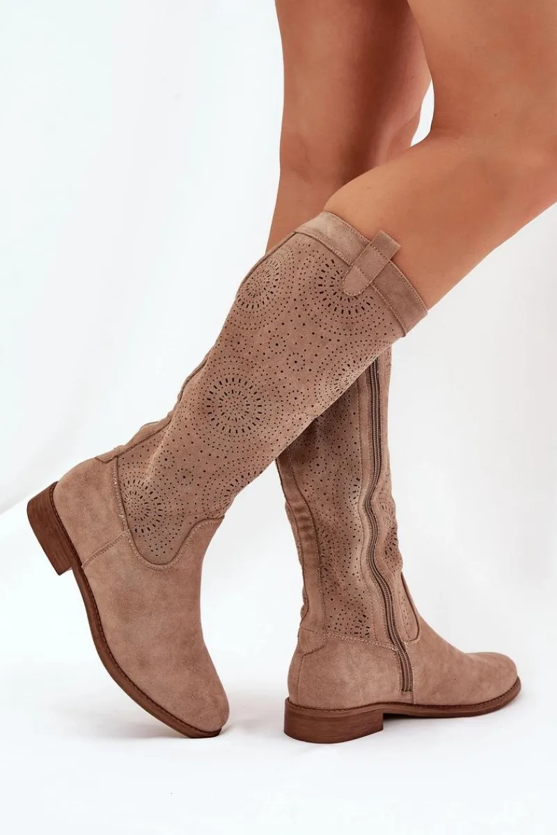 Online Kozaki Z Ażurową Cholewką Na Płaskim Obcasie S.Barski HY51-860 Beżowe Damskie Kozaki Wiosenne|Kozaki Ażurowe