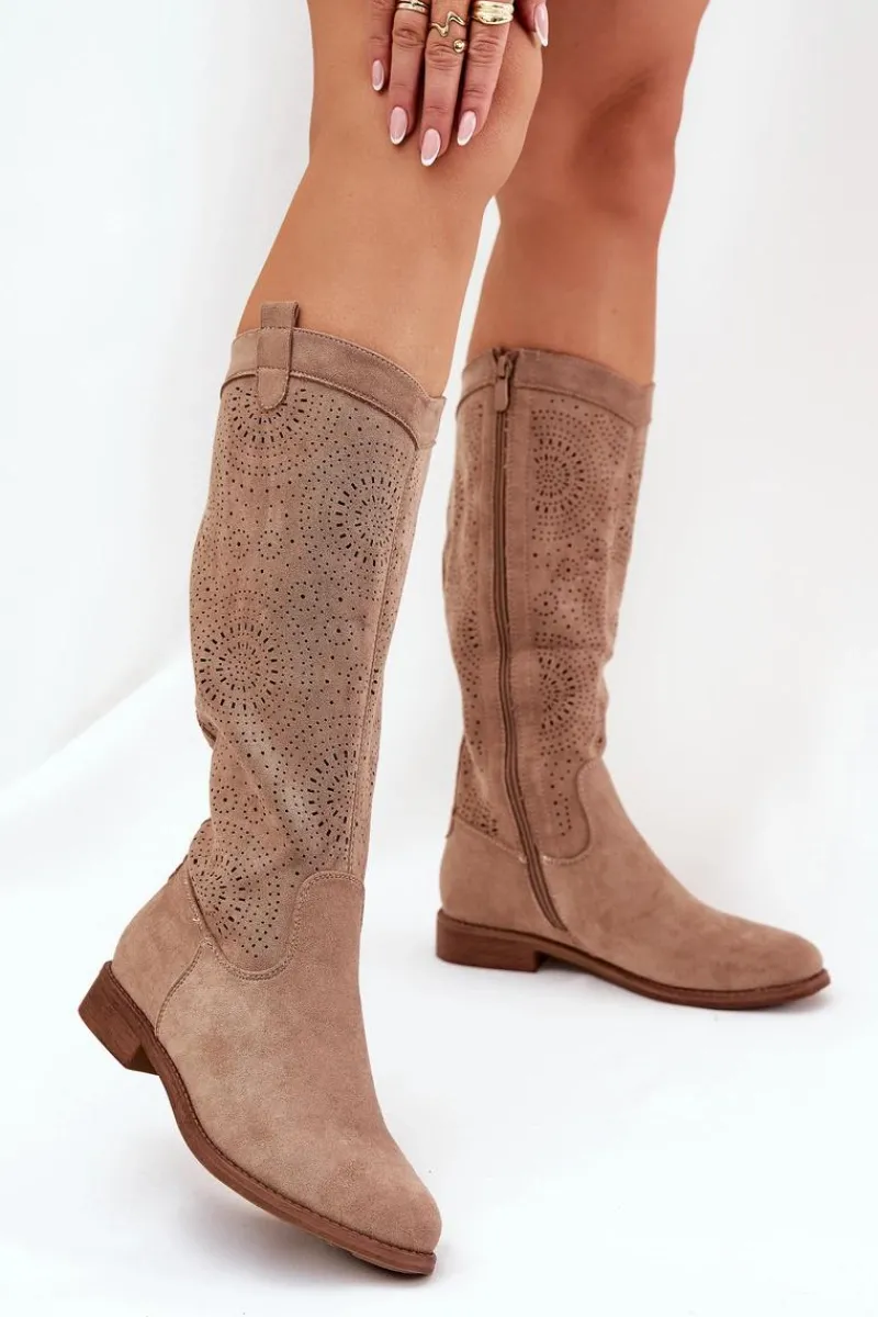 Online Kozaki Z Ażurową Cholewką Na Płaskim Obcasie S.Barski HY51-860 Beżowe Damskie Kozaki Wiosenne|Kozaki Ażurowe