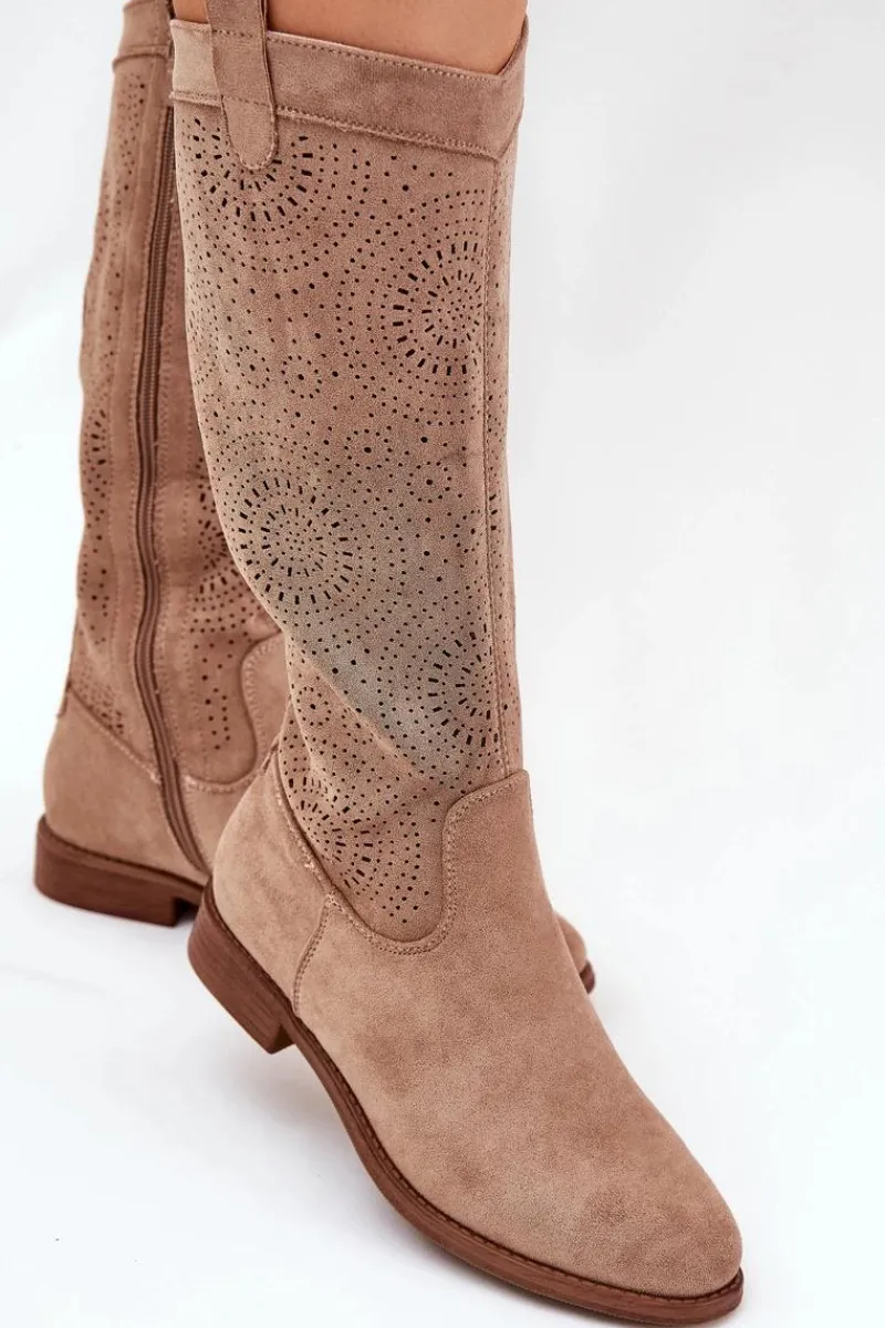 Online Kozaki Z Ażurową Cholewką Na Płaskim Obcasie S.Barski HY51-860 Beżowe Damskie Kozaki Wiosenne|Kozaki Ażurowe