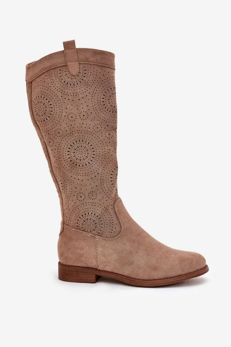 Online Kozaki Z Ażurową Cholewką Na Płaskim Obcasie S.Barski HY51-860 Beżowe Damskie Kozaki Wiosenne|Kozaki Ażurowe