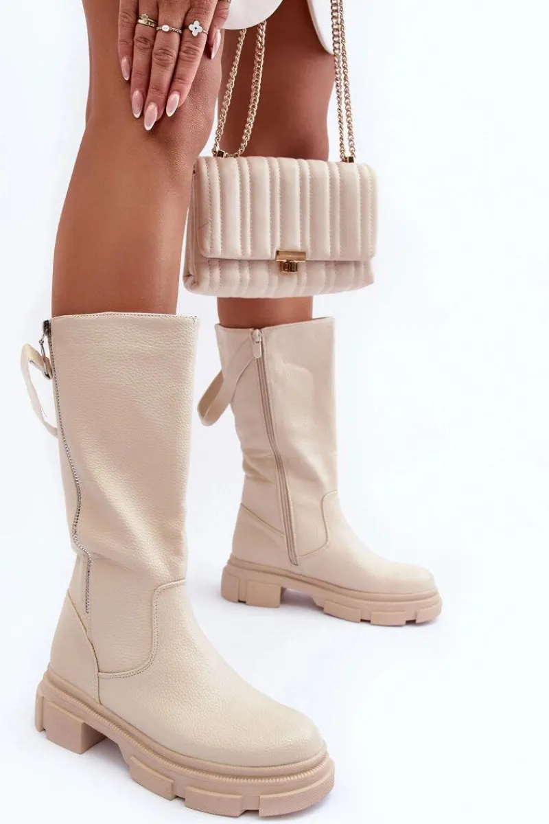 Discount Boto Kozaki Z Cholewką Do Połowy Łydki Jasnobeżowe Lizames