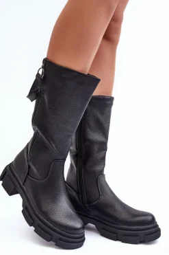 Clearance Kozaki Z Cholewką Do Połowy Łydki Czarne Lizames Damskie Kozaki Płaskie|Kozaki Przed Kolano