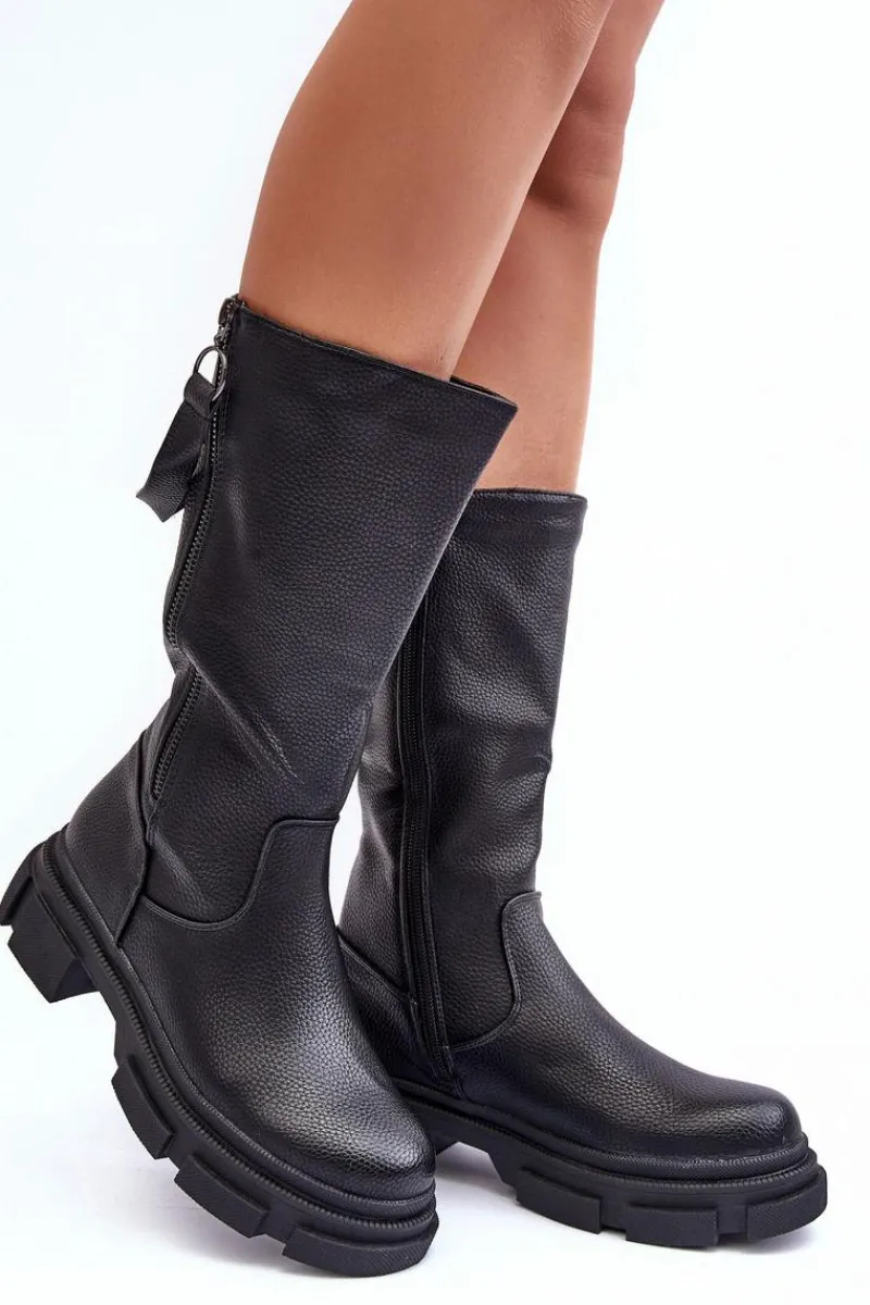Clearance Kozaki Z Cholewką Do Połowy Łydki Czarne Lizames Damskie Kozaki Płaskie|Kozaki Przed Kolano