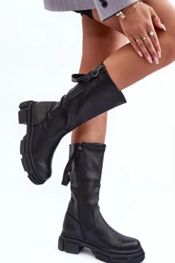 Clearance Kozaki Z Cholewką Do Połowy Łydki Czarne Lizames Damskie Kozaki Płaskie|Kozaki Przed Kolano