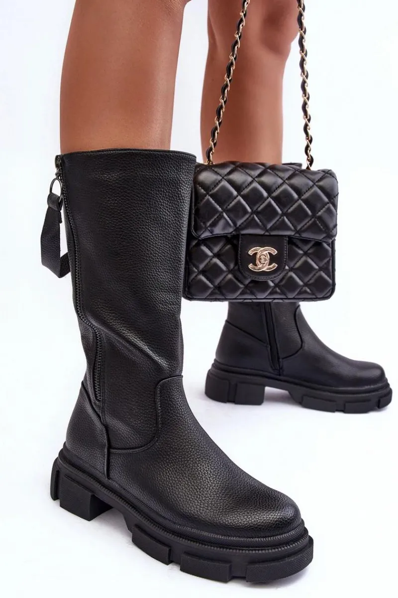 Clearance Kozaki Z Cholewką Do Połowy Łydki Czarne Lizames Damskie Kozaki Płaskie|Kozaki Przed Kolano