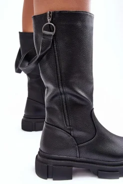 Clearance Kozaki Z Cholewką Do Połowy Łydki Czarne Lizames Damskie Kozaki Płaskie|Kozaki Przed Kolano