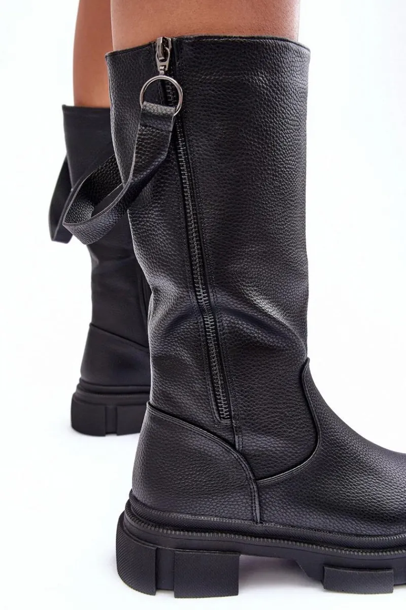 Clearance Kozaki Z Cholewką Do Połowy Łydki Czarne Lizames Damskie Kozaki Płaskie|Kozaki Przed Kolano