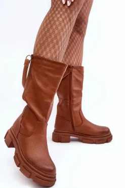 Hot Kozaki Z Cholewką Do Połowy Łydki Brązowe Lizames Damskie Kozaki Płaskie|Kozaki Przed Kolano