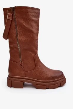 Hot Kozaki Z Cholewką Do Połowy Łydki Brązowe Lizames Damskie Kozaki Płaskie|Kozaki Przed Kolano