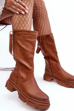 Hot Kozaki Z Cholewką Do Połowy Łydki Brązowe Lizames Damskie Kozaki Płaskie|Kozaki Przed Kolano