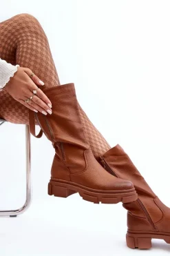 Hot Kozaki Z Cholewką Do Połowy Łydki Brązowe Lizames Damskie Kozaki Płaskie|Kozaki Przed Kolano