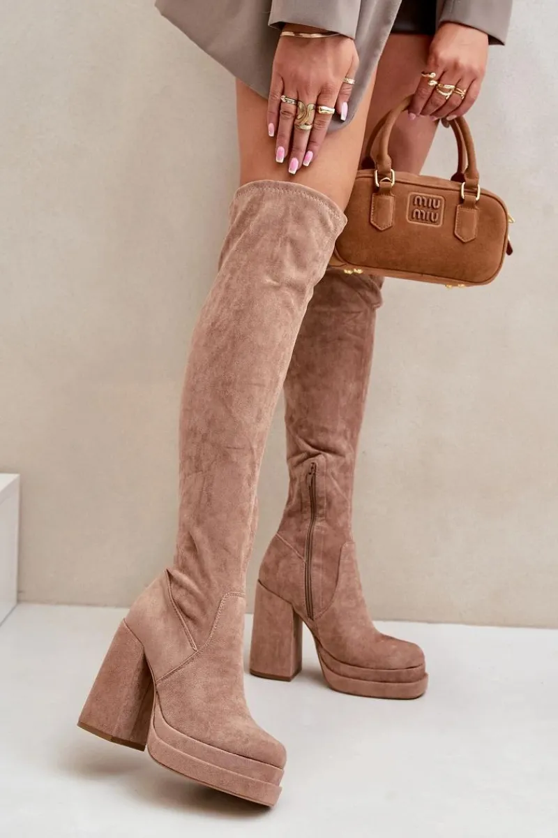 Kozaki Ocieplane|Muszkieterki>Boto Kozaki Z Cholewką Za Kolano Na Słupku I Platformie Beżowe Nadelian Beżowy