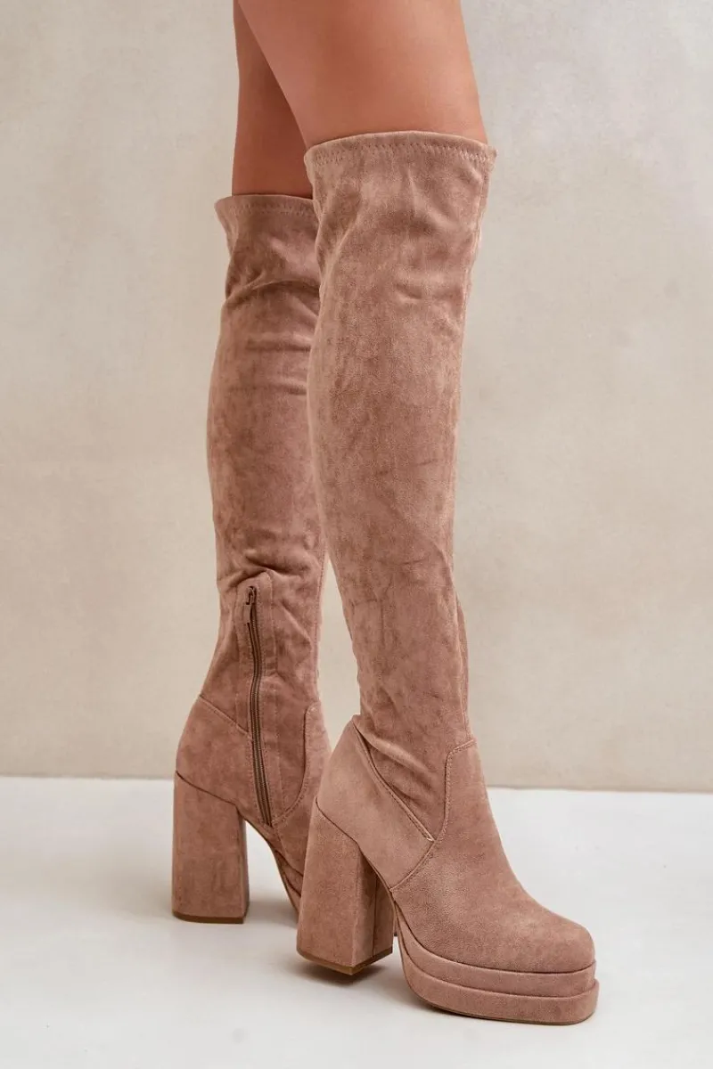 Kozaki Ocieplane|Muszkieterki>Boto Kozaki Z Cholewką Za Kolano Na Słupku I Platformie Beżowe Nadelian Beżowy