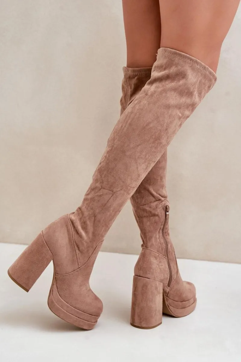 Kozaki Ocieplane|Muszkieterki>Boto Kozaki Z Cholewką Za Kolano Na Słupku I Platformie Beżowe Nadelian Beżowy