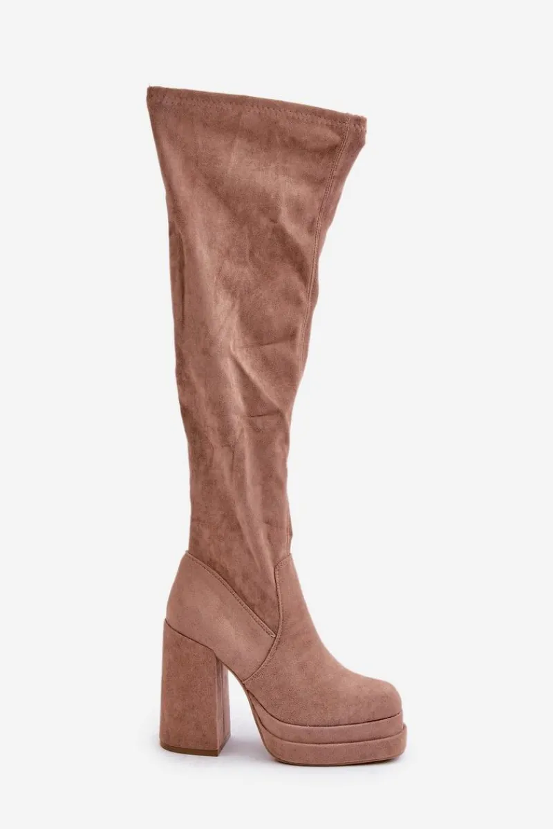 Kozaki Ocieplane|Muszkieterki>Boto Kozaki Z Cholewką Za Kolano Na Słupku I Platformie Beżowe Nadelian Beżowy