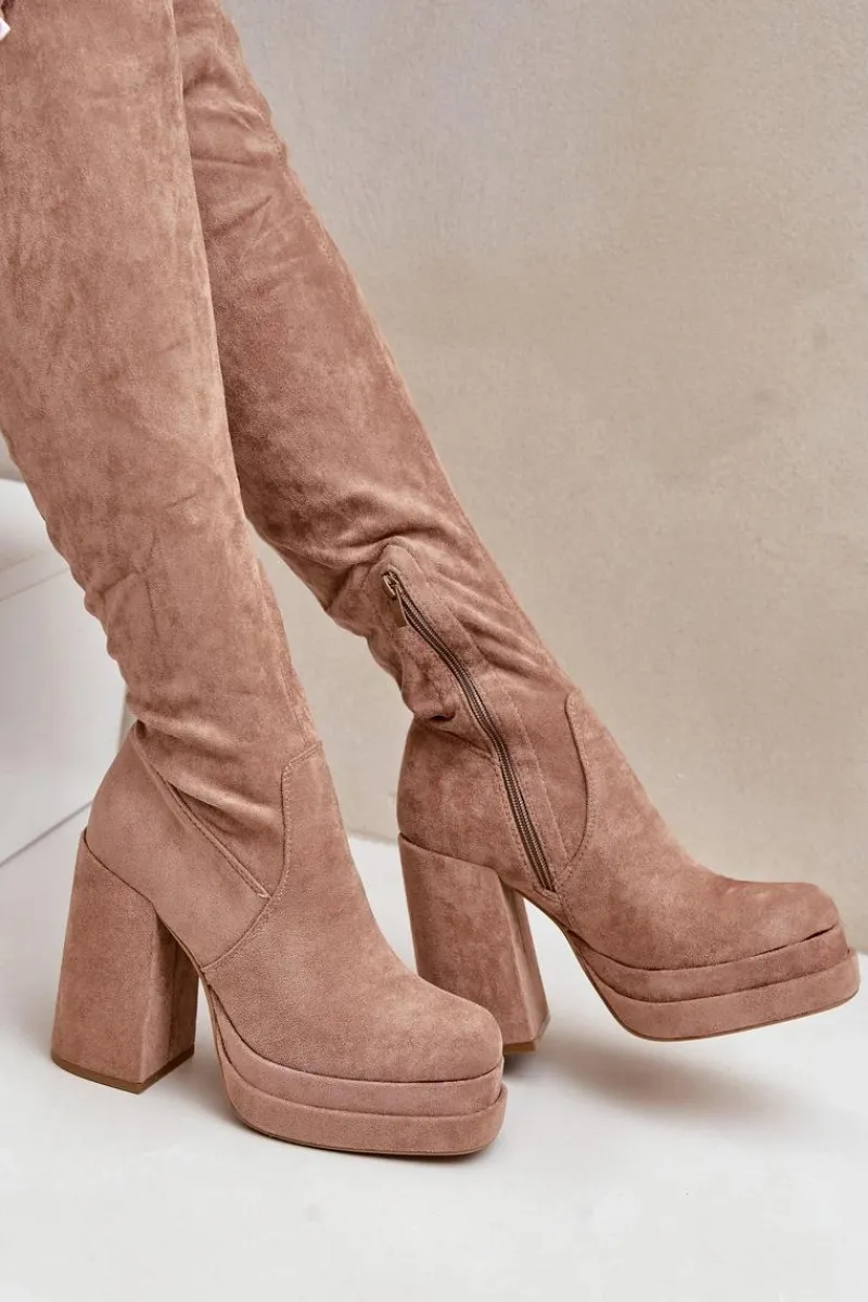 Kozaki Ocieplane|Muszkieterki>Boto Kozaki Z Cholewką Za Kolano Na Słupku I Platformie Beżowe Nadelian Beżowy