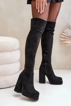 Muszkieterki|Kozaki Za Kolano>Boto Kozaki Z Cholewką Za Kolano Na Słupku I Platformie Czarne Nadelian
