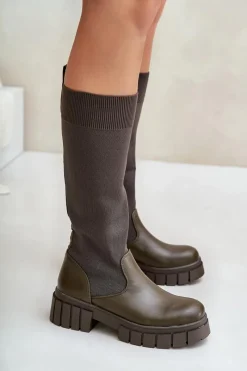 Hot Boto Kozaki Z Elastyczną Cholewką Na Płaskim Obcasie Ciemnozielone Mesidra Zielony