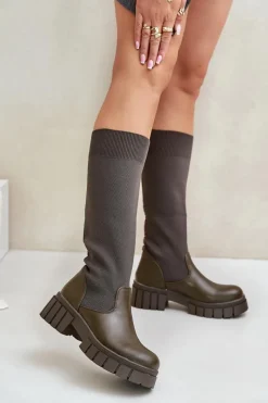 Hot Boto Kozaki Z Elastyczną Cholewką Na Płaskim Obcasie Ciemnozielone Mesidra Zielony